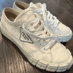 Prada White Canvas Low-Top Sneakers with Triangle Logo